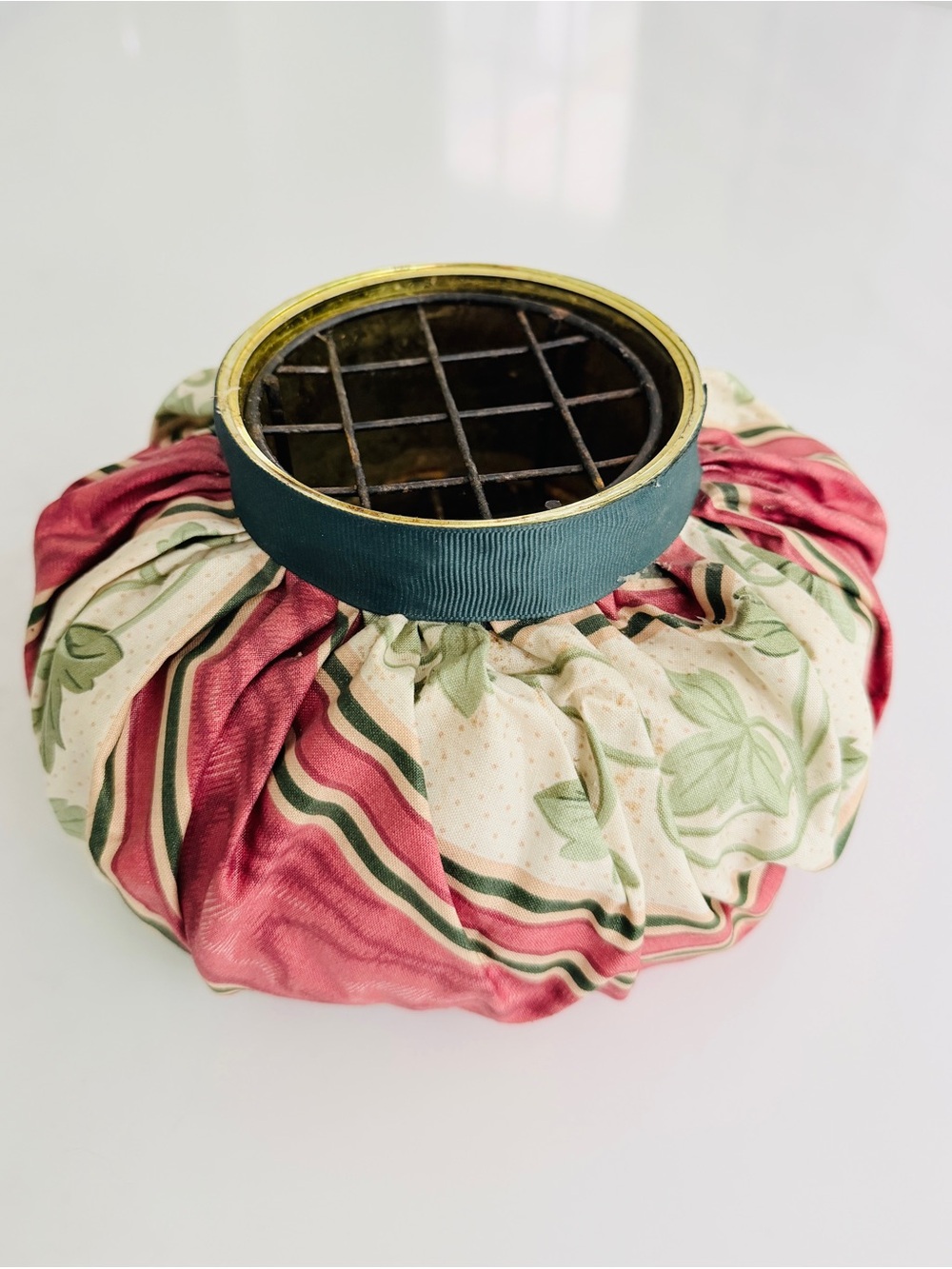 vintage fabric pouf flower vase with wire frog grid arranger cottagecore 1980s